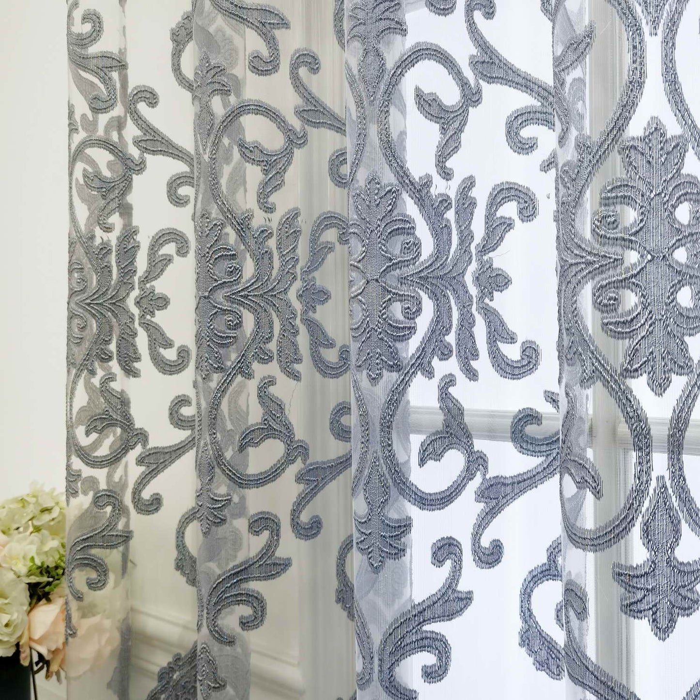 Luxury Sheer Curtains - Featuring Elegant Golden Jacquard Design, Made of Lightweight Polyester Tulle with Grommet Top for Living Room, Bedroom, Sliding Glass Patio. These Modern European Style Window Drapes add a touch of sophistication to any living