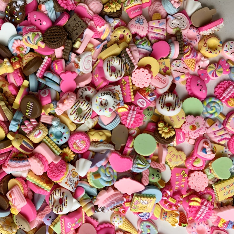 Colorful resin dessert charms available in packs of 20, 50, or 100 for DIY hairpins, phone cases, nail art, and more.