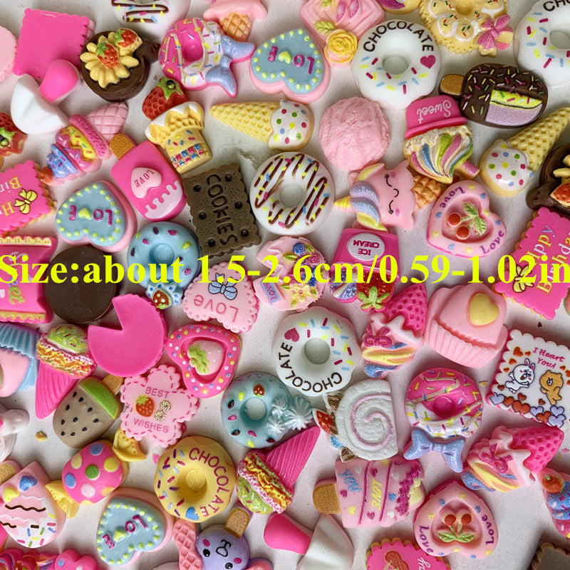 Colorful resin dessert charms available in packs of 20, 50, or 100 for DIY hairpins, phone cases, nail art, and more.