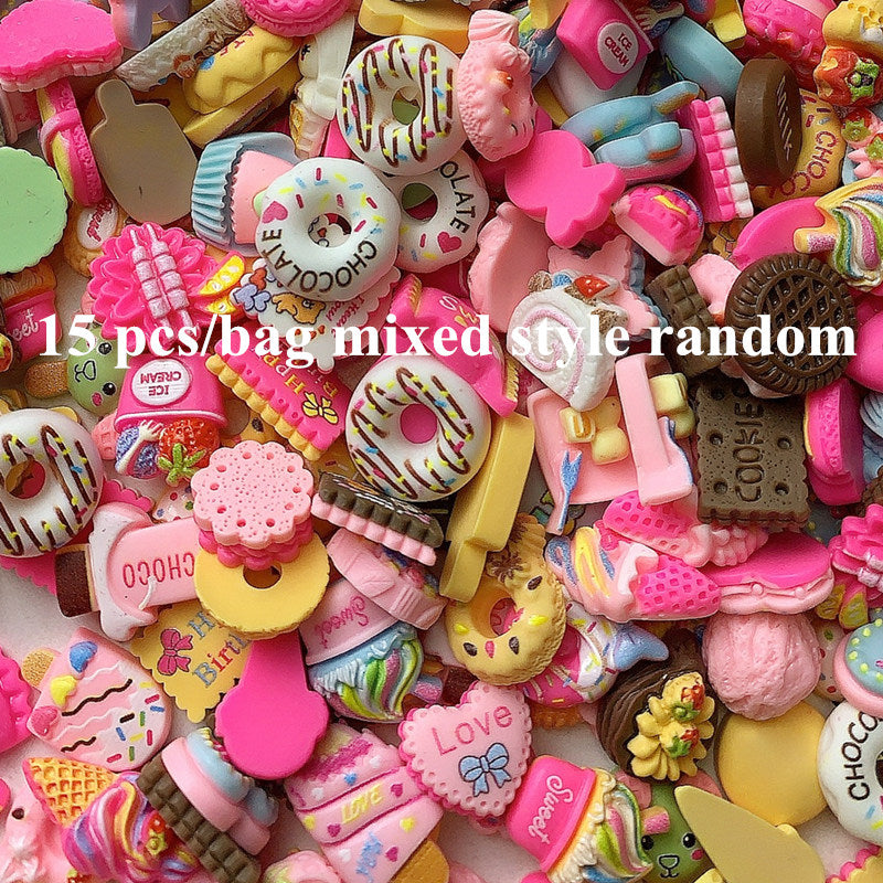 Colorful resin dessert charms available in packs of 20, 50, or 100 for DIY hairpins, phone cases, nail art, and more.