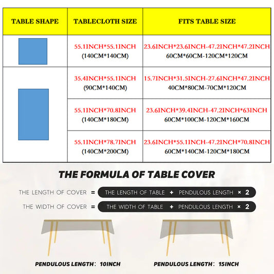 Waterproof and oilproof rectangular tablecloth for dining and coffee tables, machine made for weddings and home decor, suitable for picnics, camping, weddings, and parties.