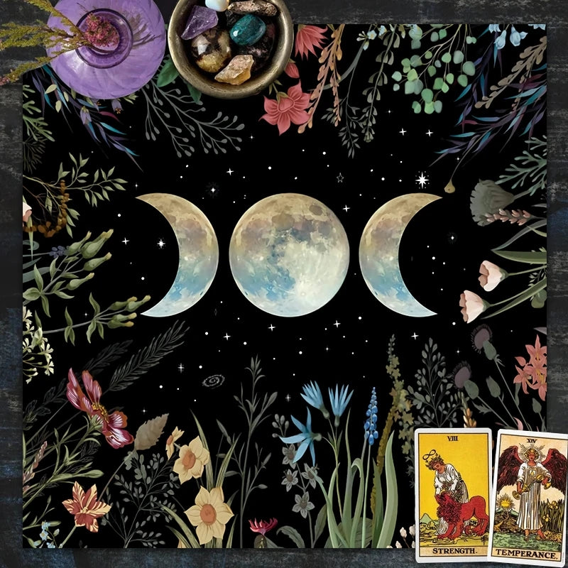 Moon Garden Tarot Tablecloth for divination and witchcraft, featuring astrology designs and triple moon motif. Ideal for parties, room decor, and altar setups.