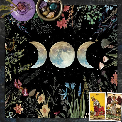 Moon Garden Tarot Tablecloth for divination and witchcraft, featuring astrology designs and triple moon motif. Ideal for parties, room decor, and altar setups.