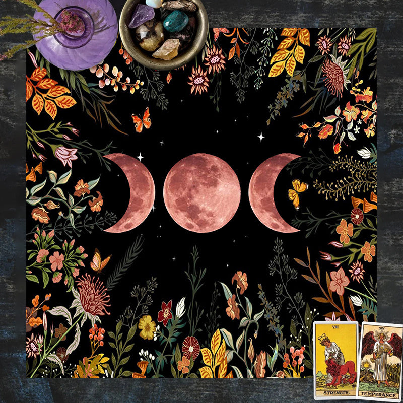 Moon Garden Tarot Tablecloth for divination and witchcraft, featuring astrology designs and triple moon motif. Ideal for parties, room decor, and altar setups.