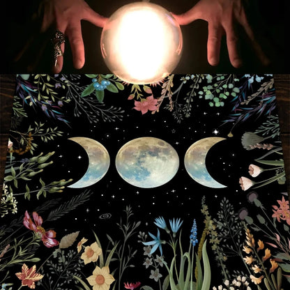 Moon Garden Tarot Tablecloth for divination and witchcraft, featuring astrology designs and triple moon motif. Ideal for parties, room decor, and altar setups.