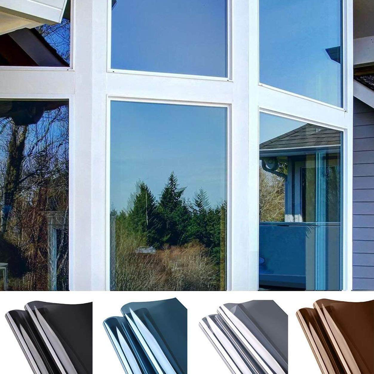 Reflective window film providing privacy, blocking sun rays, controlling heat, and offering anti-UV protection. Ideal for use in homes and offices.