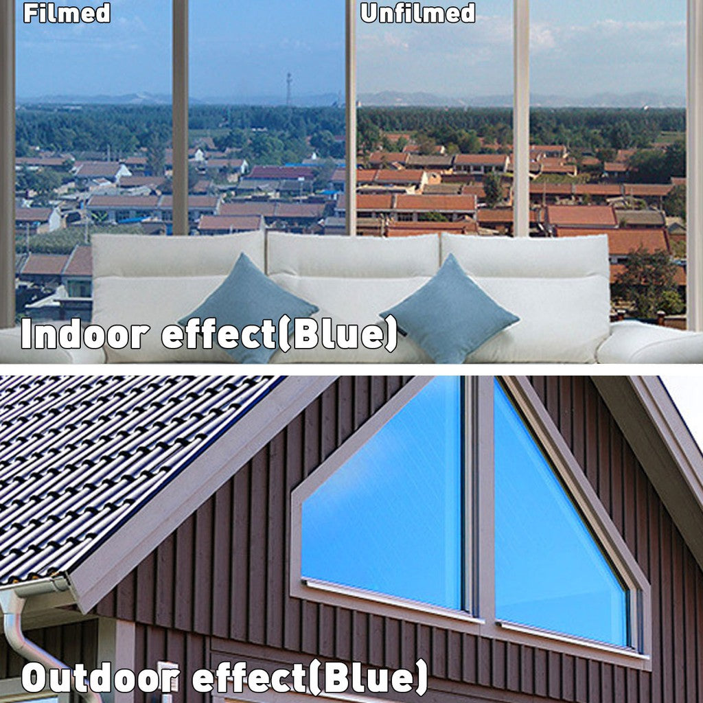 Reflective window film providing privacy, blocking sun rays, controlling heat, and offering anti-UV protection. Ideal for use in homes and offices.