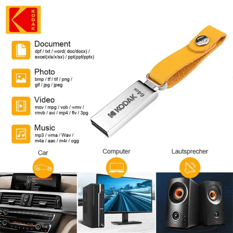 KODAK K122 USB 2.0 Metal Flash Drive is shockproof and available in 16GB, 32GB, 64GB, and 128GB capacities.