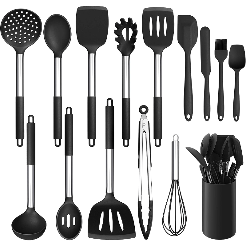 Top Pick: 15-Piece Silicone Kitchen Utensil Set with Stainless Steel Handles - Includes Slotted Spatula, Turner, Tong, Whisk, Brush, Holder, and More - Ideal for Cooking and Kitchen Tools