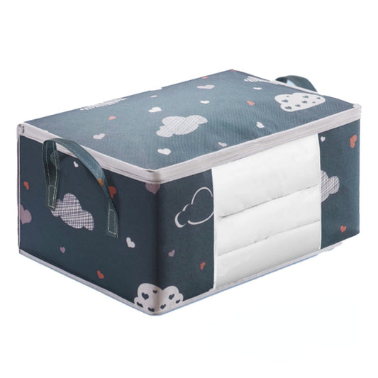 This foldable storage bag is extra-large with a sturdy zipper, making it ideal for storing quilts, blankets, and clothes. It is dust and moisture-proof and has soft handles for easy moving. The beige navy color, heart cloud pattern, and non-woven fabric