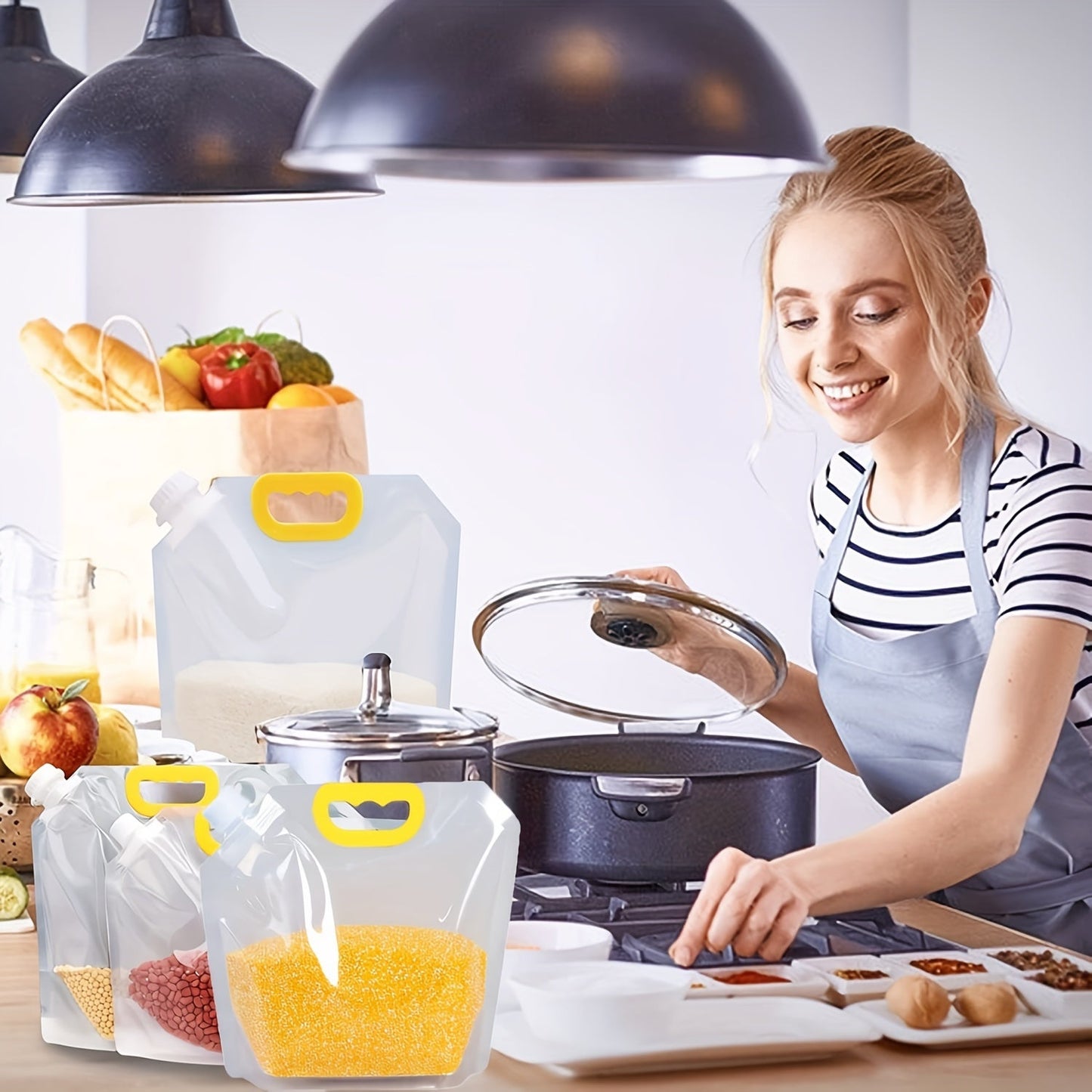 Set of 5 Reusable Storage Bags with Handle and Nozzle - Perfect for Sub Packaging, Fresh-keeping, and Anti-odor Leak Proof Freezer Storage. Ideal for Storing Liquid Lunch, Cured Meat, Fruits and Vegetables, Grains, and Home Kitchen Supplies.