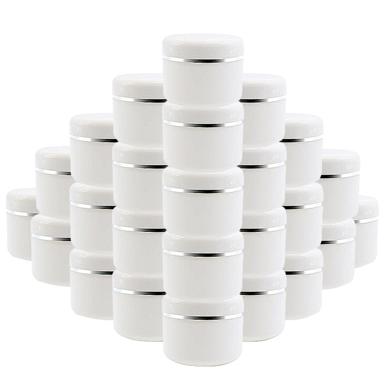 30 pieces of white plastic cosmetic jars with 30g capacity, suitable for travel and as sample bottles for cosmetics.