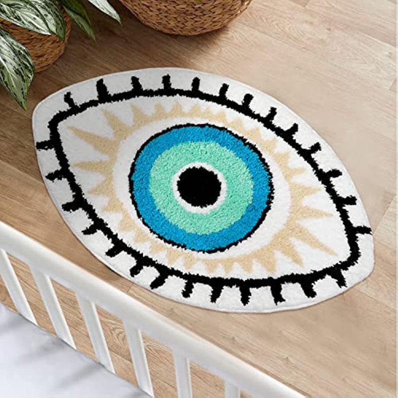 Absorbent White Evil Eye Rug - Non-Slip Kitchen and Bathroom Mat for Pets - Shaggy Design Decorative Floor Carpet