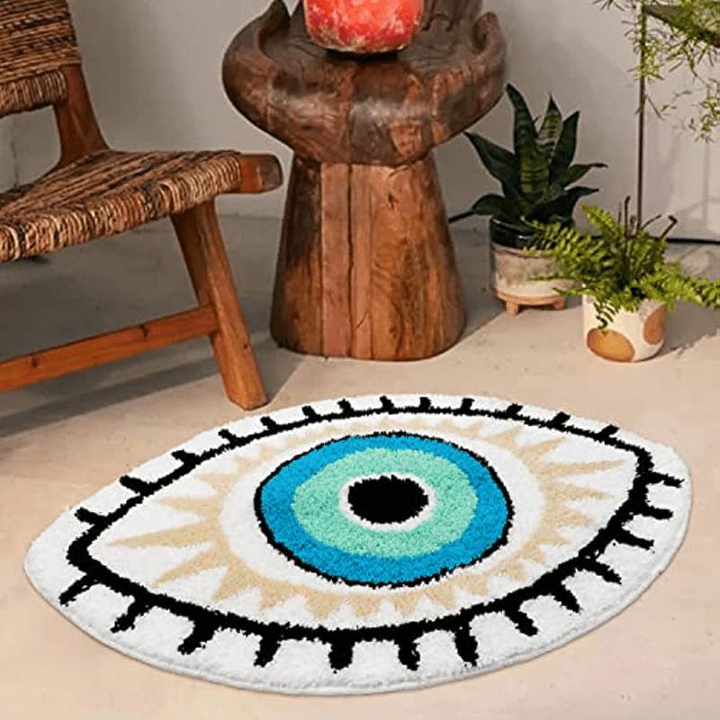 Absorbent White Evil Eye Rug - Non-Slip Kitchen and Bathroom Mat for Pets - Shaggy Design Decorative Floor Carpet