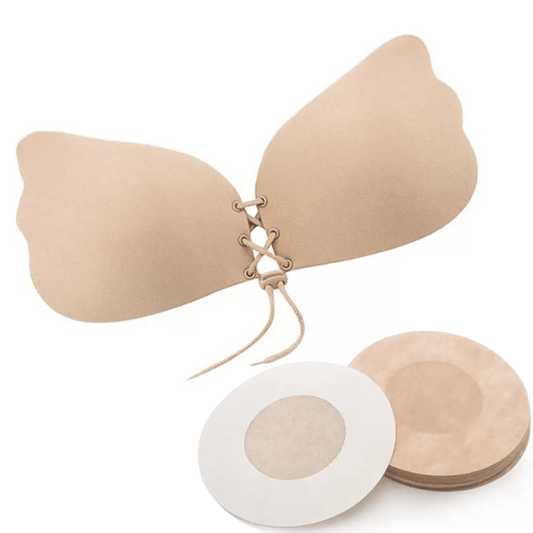 Strapless lift bra with adhesive backing for open back styles.