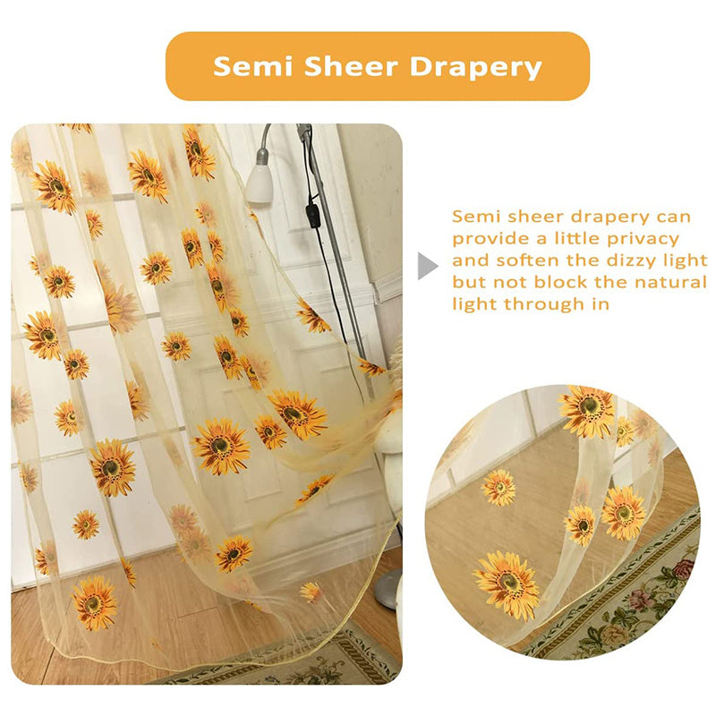 1 piece of Sunflower Printed Sheer Curtain, a Transparent and Breathable addition for Balcony, Living Room, Office, or Home Decor.