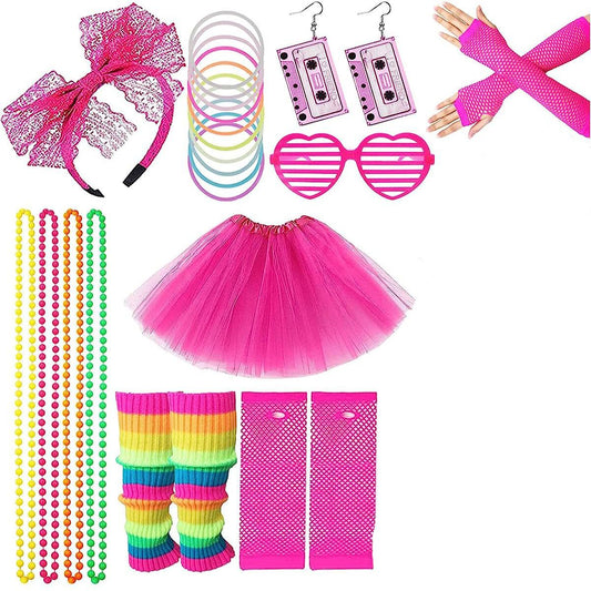 Complete 80s Fancy Dress Set for Women - Includes Tutu Skirt, Leg Warmers, Necklace, Bracelets, Fishnet Gloves, Lace Bow Headband, Tape Earrings, Sunglasses - Perfect for 1980s Fancy Parties, Stage Performances, Events, Cosplay, and More!