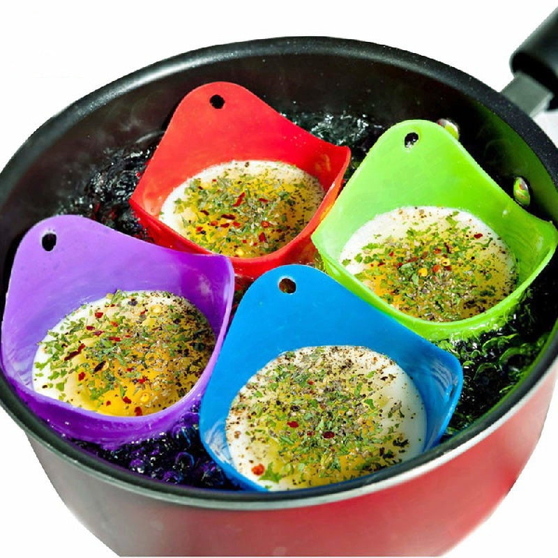 This BPA-free kitchen tool set includes 4 non-stick silicone egg poachers that are ideal for use in microwave ovens, air fryers, and stoves. Achieve perfectly poached eggs every time with these versatile cooking accessories.