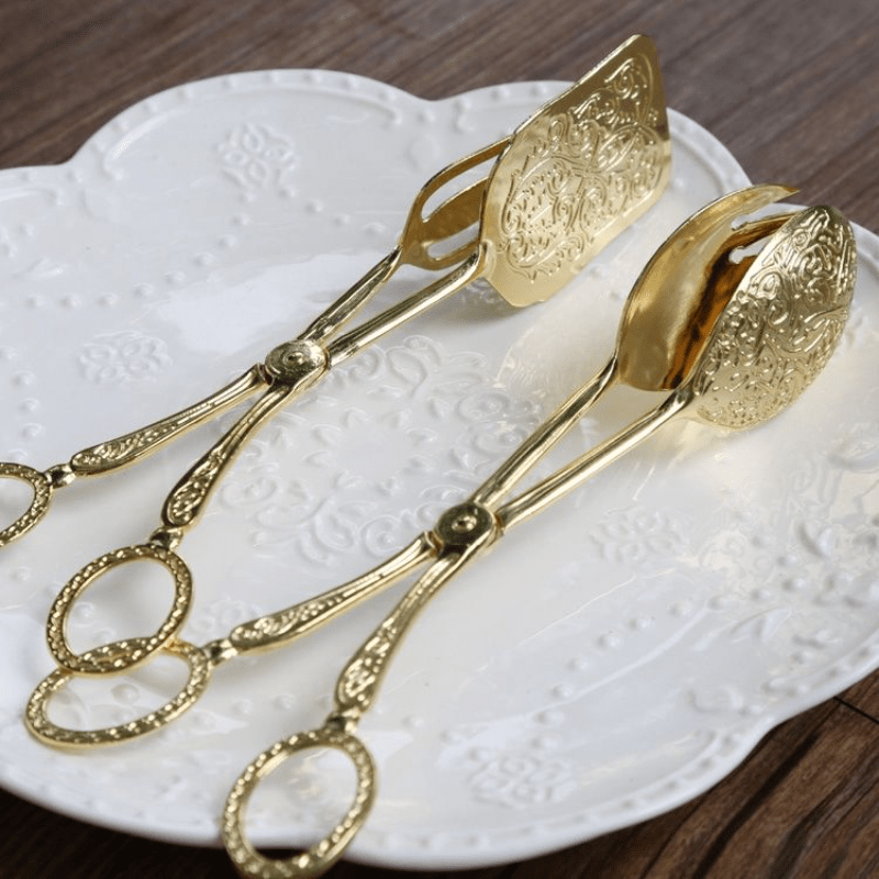 Versatile Gold-Plated Serving Tongs for Snacks, Salads, Bread, BBQ, Pastries, Cakes, and Fruit Salad - Essential Kitchen Tool for Every Occasion.