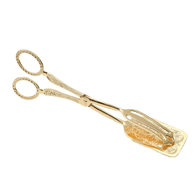 Versatile Gold-Plated Serving Tongs for Snacks, Salads, Bread, BBQ, Pastries, Cakes, and Fruit Salad - Essential Kitchen Tool for Every Occasion.