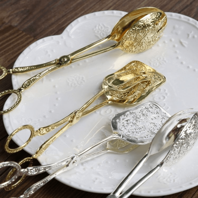 Versatile Gold-Plated Serving Tongs for Snacks, Salads, Bread, BBQ, Pastries, Cakes, and Fruit Salad - Essential Kitchen Tool for Every Occasion.