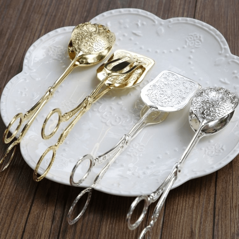 Versatile Gold-Plated Serving Tongs for Snacks, Salads, Bread, BBQ, Pastries, Cakes, and Fruit Salad - Essential Kitchen Tool for Every Occasion.