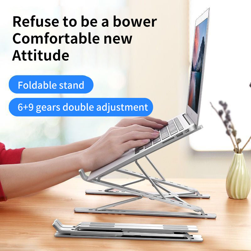 Portable and foldable adjustable aluminum laptop stand for MacBook, PC, tablet, and notebook with secure clamp design. Made of durable aluminum alloy construction. Ideal for office desks.