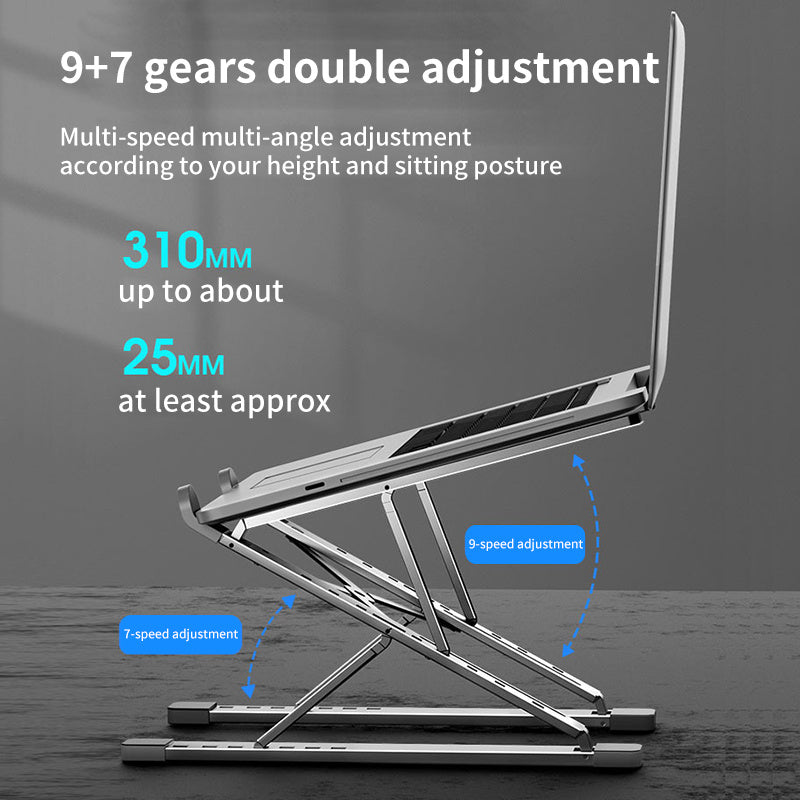 Portable and foldable adjustable aluminum laptop stand for MacBook, PC, tablet, and notebook with secure clamp design. Made of durable aluminum alloy construction. Ideal for office desks.