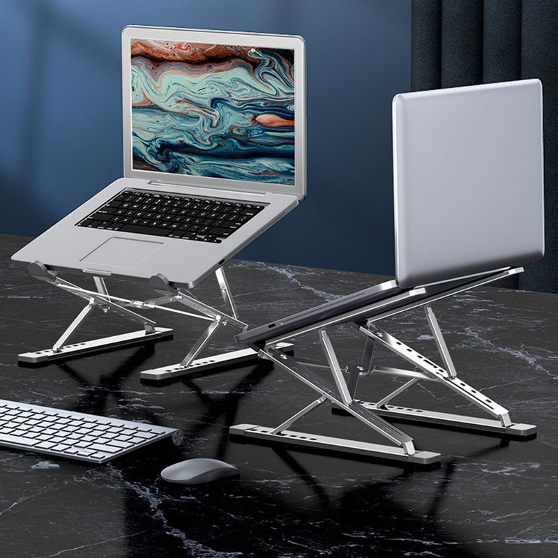 Portable and foldable adjustable aluminum laptop stand for MacBook, PC, tablet, and notebook with secure clamp design. Made of durable aluminum alloy construction. Ideal for office desks.