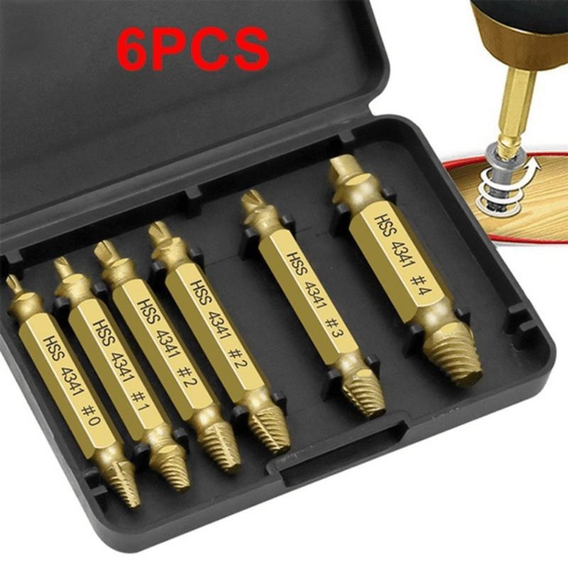 Set of 6 damaged screw extractor bits with HSS screw extractor in a tool box.