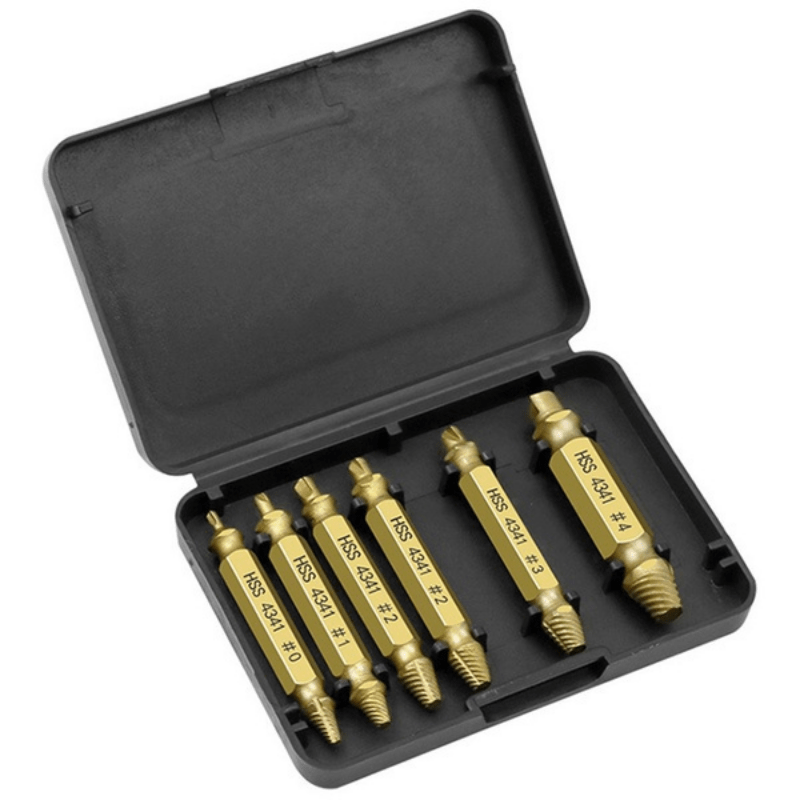 Set of 6 damaged screw extractor bits with HSS screw extractor in a tool box.