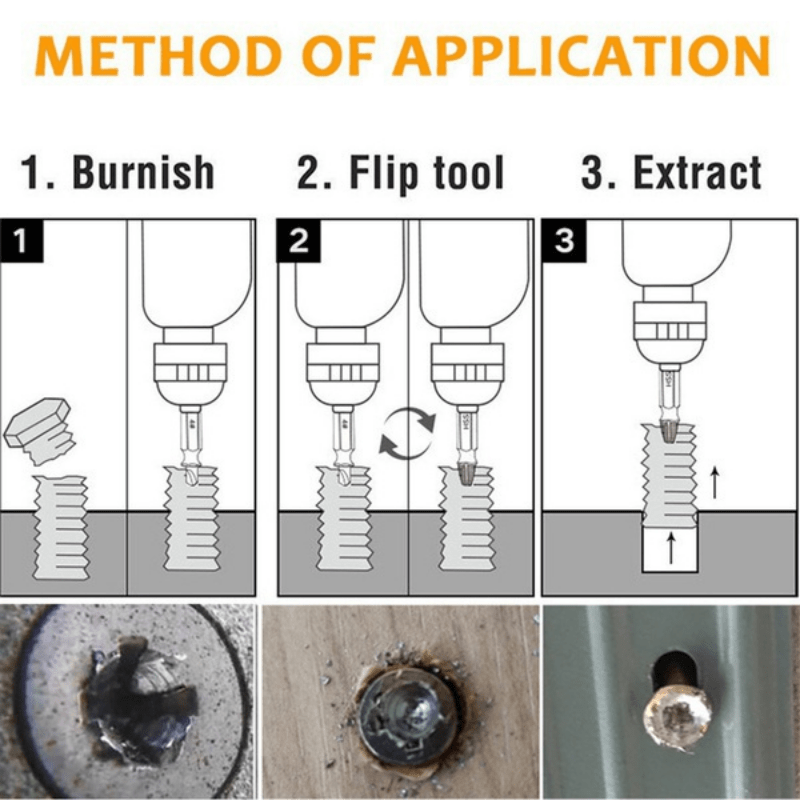 Set of 6 damaged screw extractor bits with HSS screw extractor in a tool box.