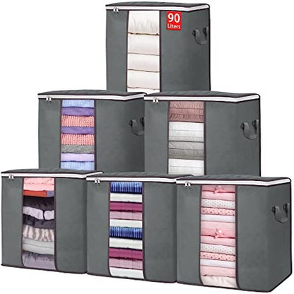 The set includes six 90L Extra Large Storage Bags, featuring durability, foldability, Clear Viewing Window, Sturdy Reinforced Handles, and Thick Fabric for storing blankets, comforters, clothes, and bedding. These bags are perfect for organizing your