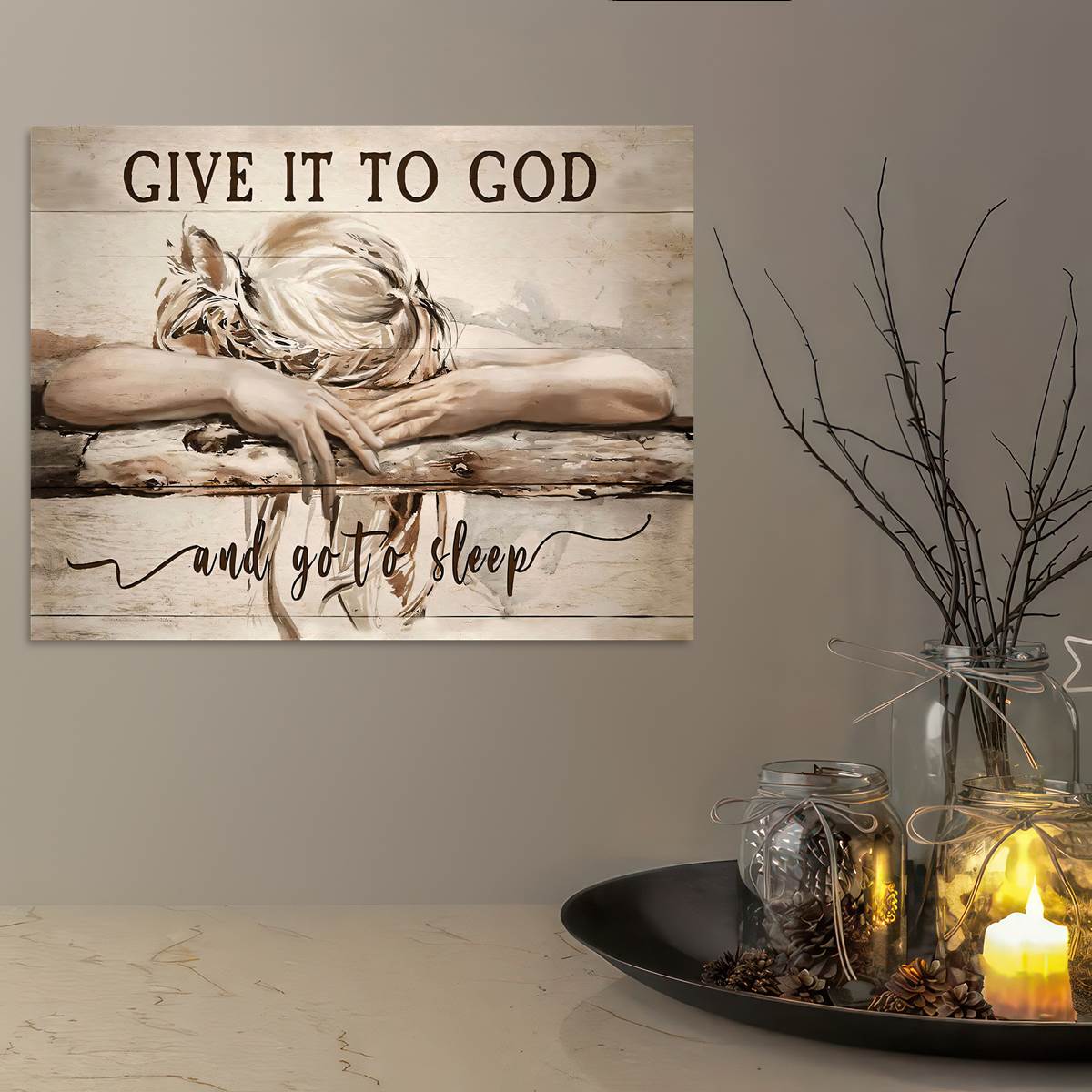 Christian landscape canvas print featuring a sleeping girl giving her worries to God and Jesus, ideal for home decor, no frame included.