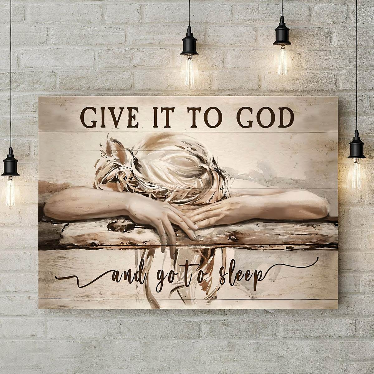 Christian landscape canvas print featuring a sleeping girl giving her worries to God and Jesus, ideal for home decor, no frame included.