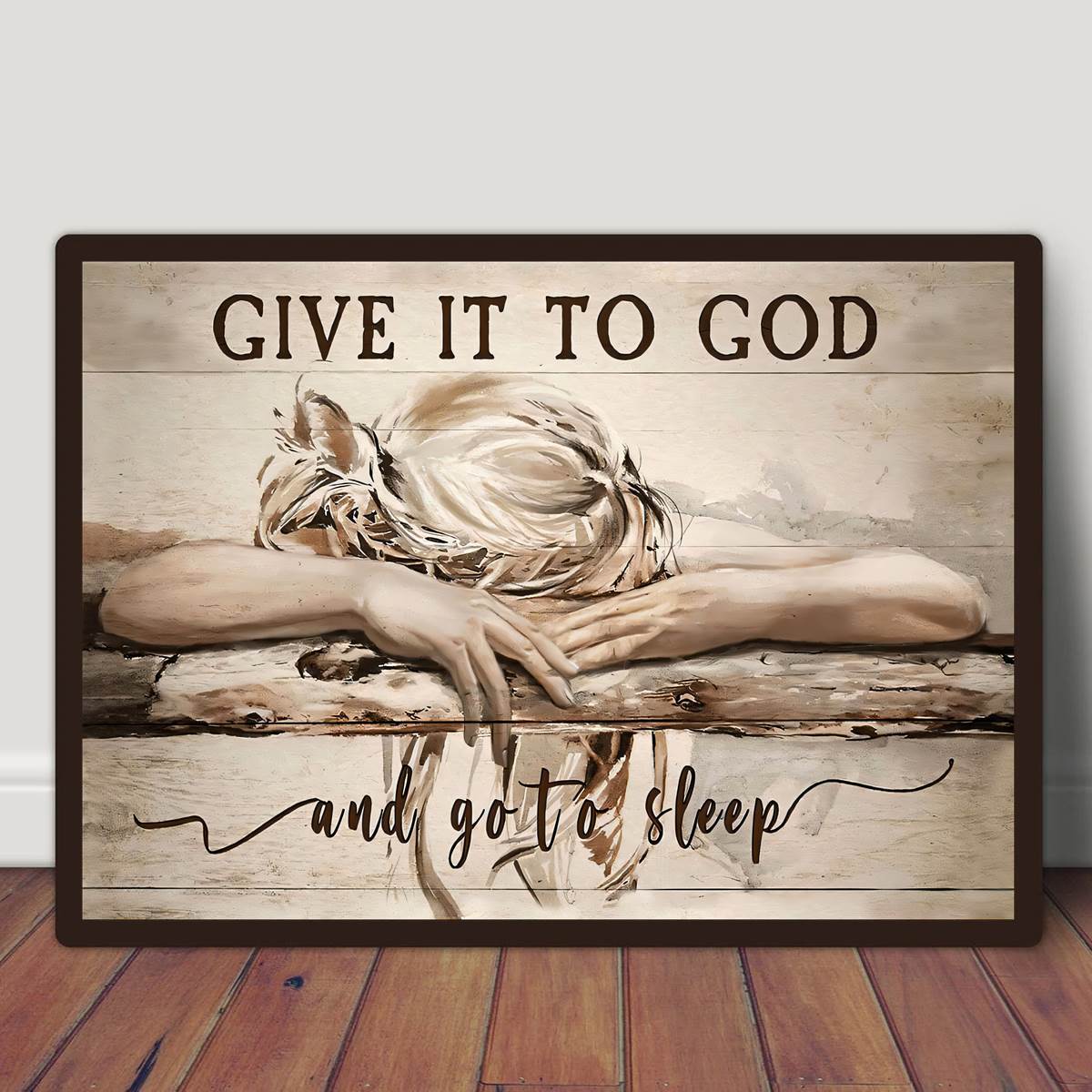 Christian landscape canvas print featuring a sleeping girl giving her worries to God and Jesus, ideal for home decor, no frame included.