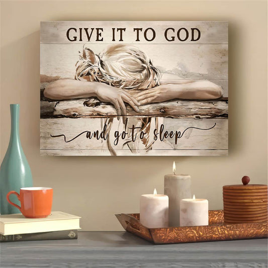 Christian landscape canvas print featuring a sleeping girl giving her worries to God and Jesus, ideal for home decor, no frame included.