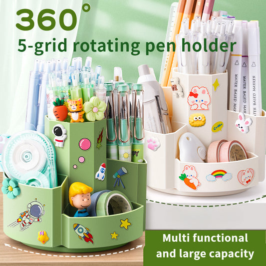 Desk pencil holder with 5 rotating slots for pens and pencils. Ideal for office or school supplies.