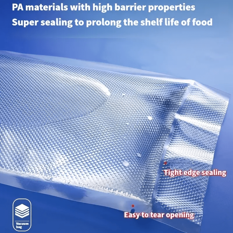 50 or 100 pieces of Textured Vacuum Food Packaging Bags, perfect for commercial evacuation storage and compression. These plastic sealing bags feature a mesh design for keeping food fresh. Ideal for household and kitchen use, these vacuum bags are