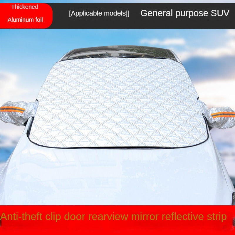 Conveniently install winter car windshield snow cover for protection from snow and summer sun.