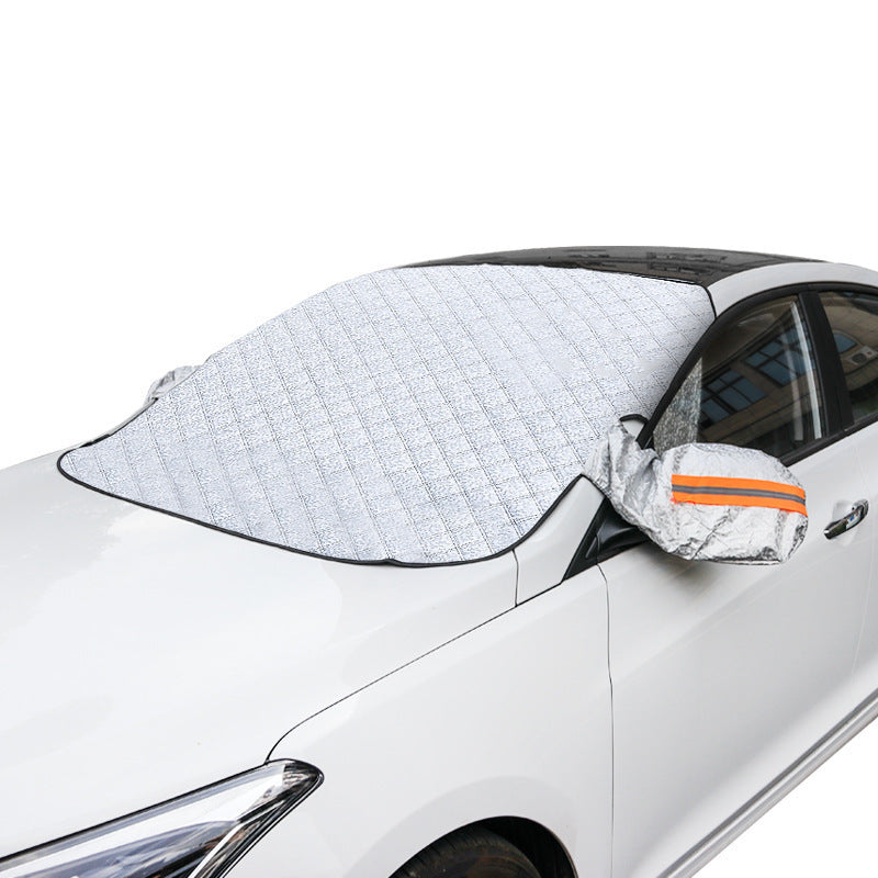 Conveniently install winter car windshield snow cover for protection from snow and summer sun.