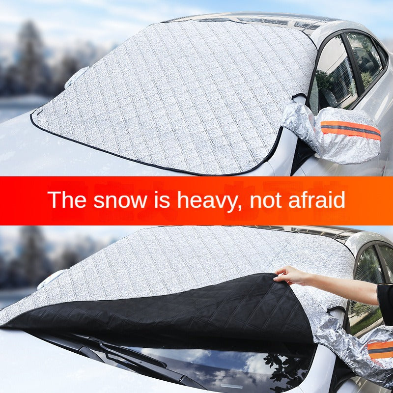 Conveniently install winter car windshield snow cover for protection from snow and summer sun.