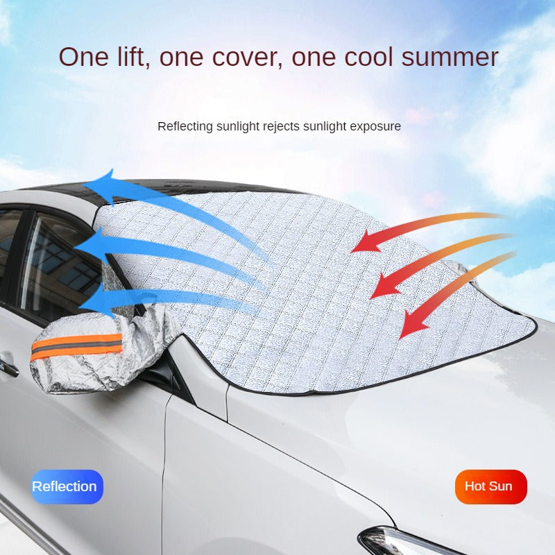 Conveniently install winter car windshield snow cover for protection from snow and summer sun.