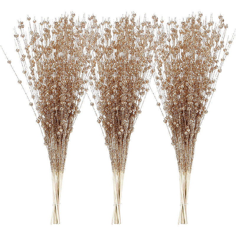 4 artificial glitter berry stem ornaments for Christmas tree or vase, 17 inches in rose gold.