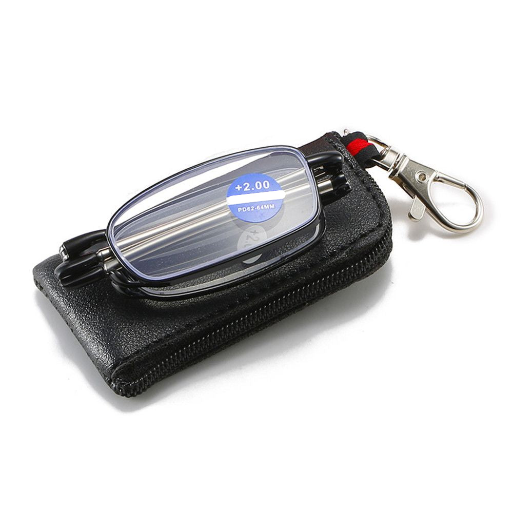 Metal frame presbyopia glasses with foldable design, includes zipper bag. Lens degree ranges from +150 to +350. Lightweight and convenient.