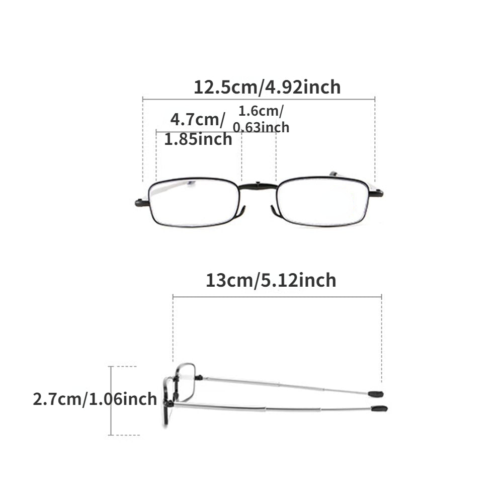 Metal frame presbyopia glasses with foldable design, includes zipper bag. Lens degree ranges from +150 to +350. Lightweight and convenient.