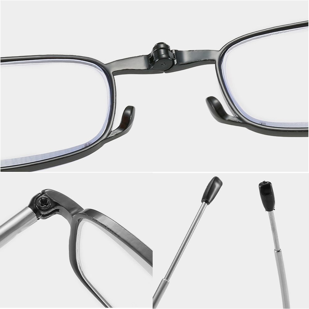 Metal frame presbyopia glasses with foldable design, includes zipper bag. Lens degree ranges from +150 to +350. Lightweight and convenient.