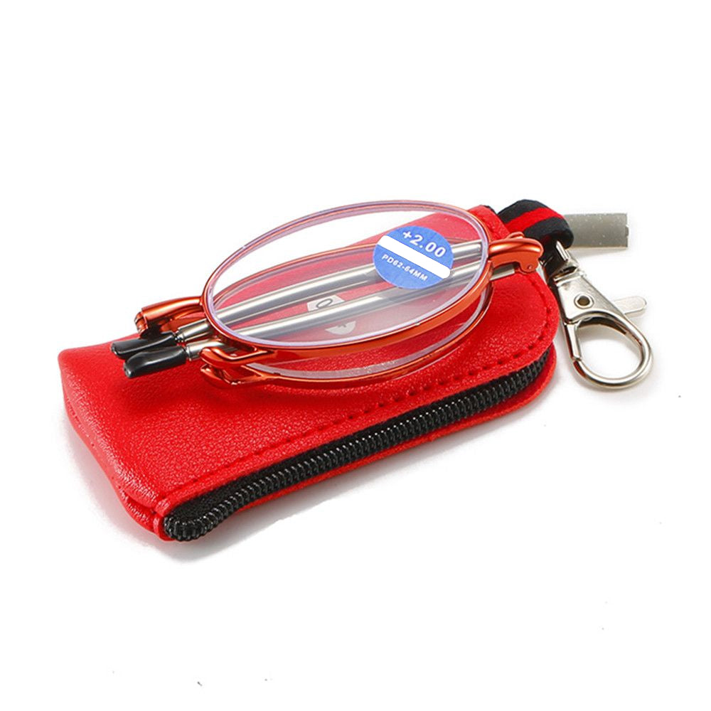 Metal frame presbyopia glasses with foldable design, includes zipper bag. Lens degree ranges from +150 to +350. Lightweight and convenient.