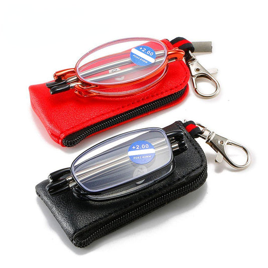 Metal frame presbyopia glasses with foldable design, includes zipper bag. Lens degree ranges from +150 to +350. Lightweight and convenient.