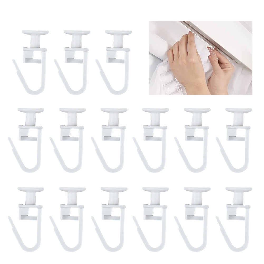 Set of 20 white plastic shower curtain hooks with pleated design for smooth movement. Durable and modern bathroom décor.